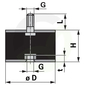 Gumijasti-kovinski blažilnik tip 2, 50 x 25 mm cilindrični 1x zunanji navoj 1x notranji navoj M10 x