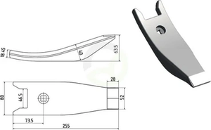 Lemežna špica 255x80x18 mm, kaljen, ukrivljen, 1 luknja, primeren za Horsch 00311069